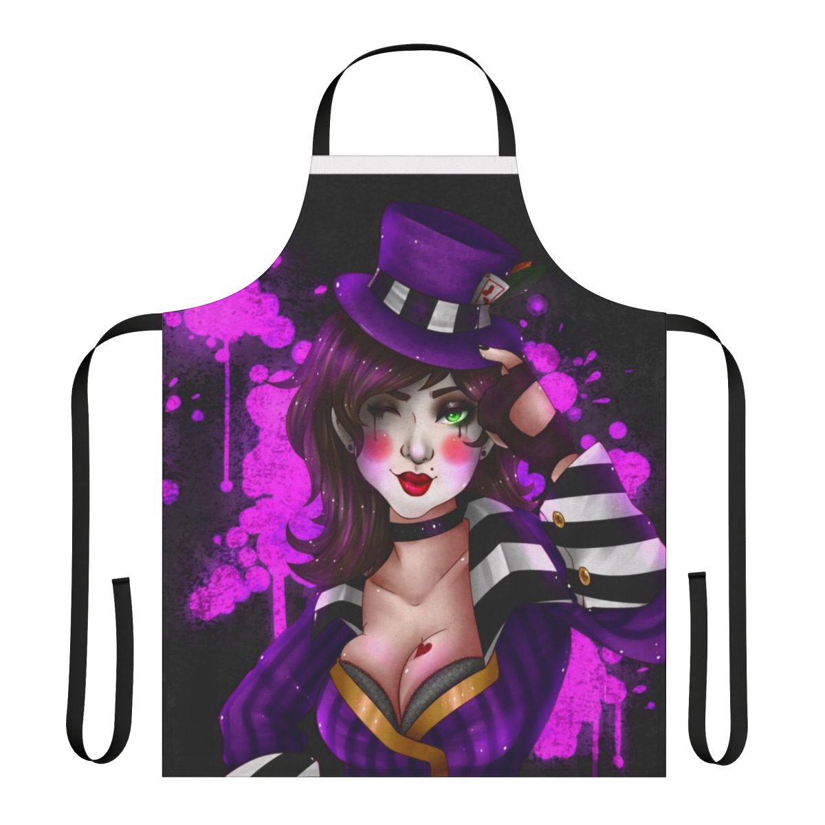 Image of a high-quality purple and black apron with the Borderlands character Miss Moxxi printed on it.
