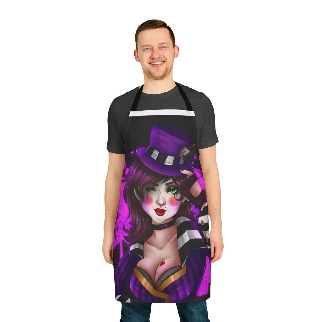 Image of a high-quality purple and black apron with the Borderlands character Miss Moxxi printed on it.