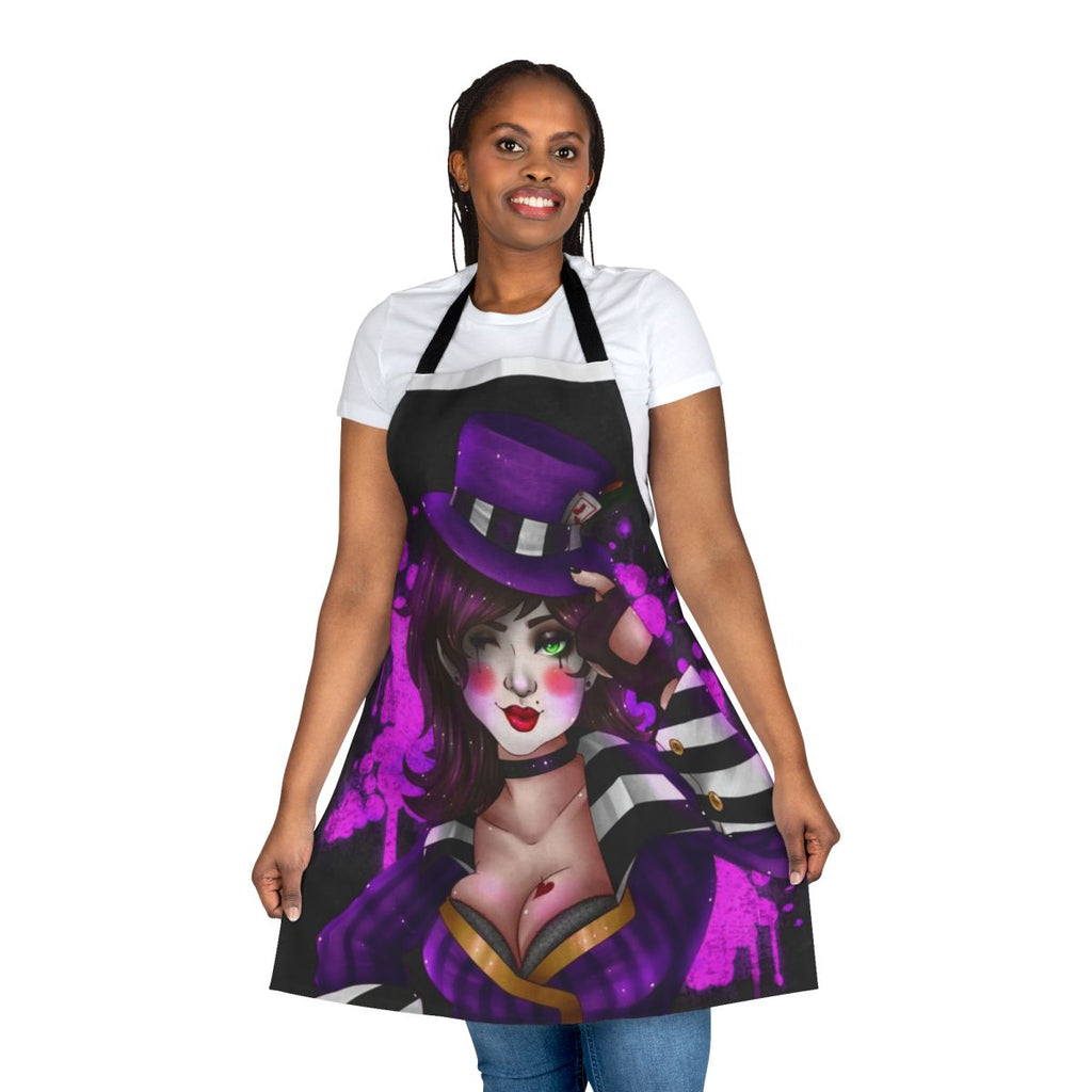 Image of a high-quality purple and black apron with the Borderlands character Miss Moxxi printed on it.