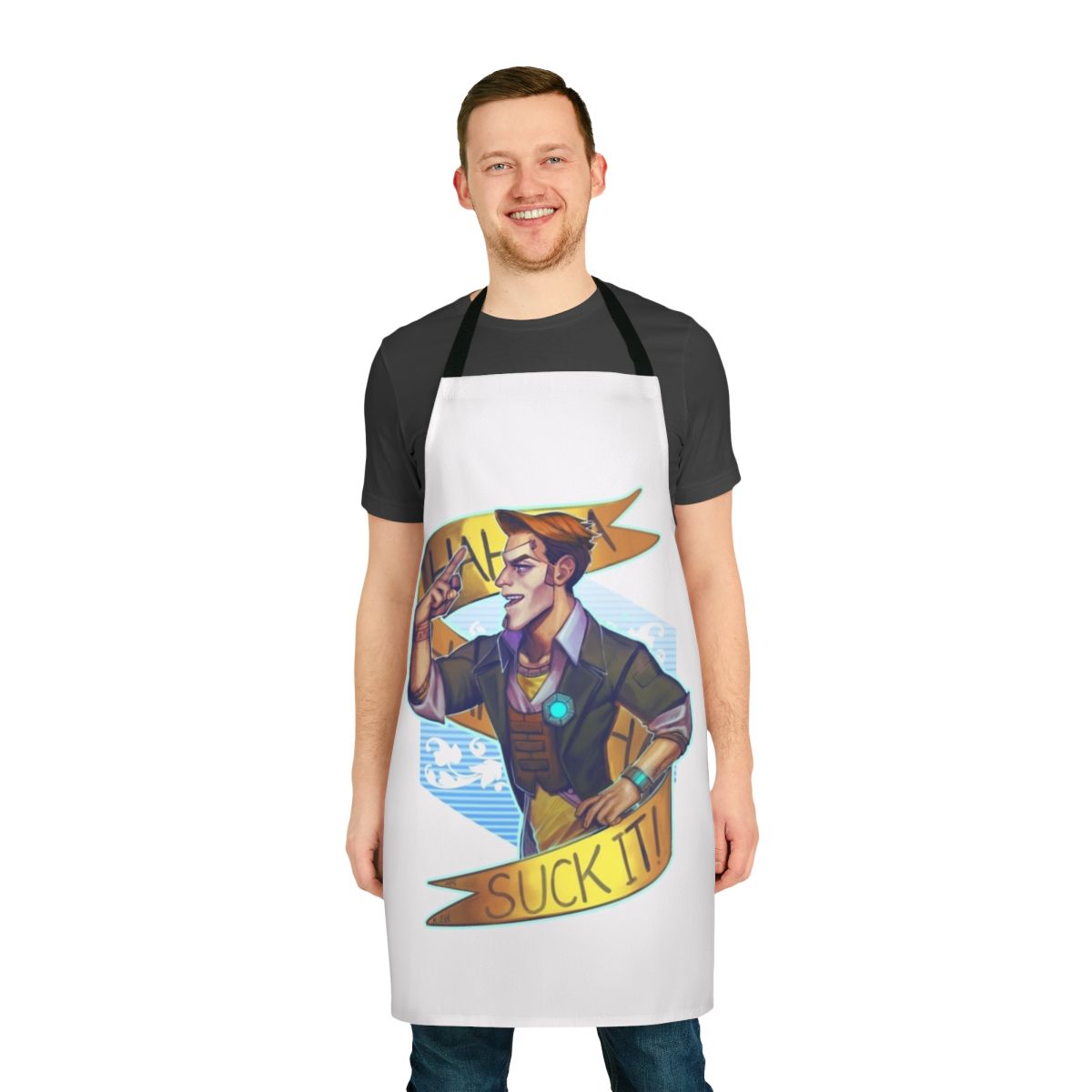 Borderlands inspired novelty apron featuring the character Handsome Jack