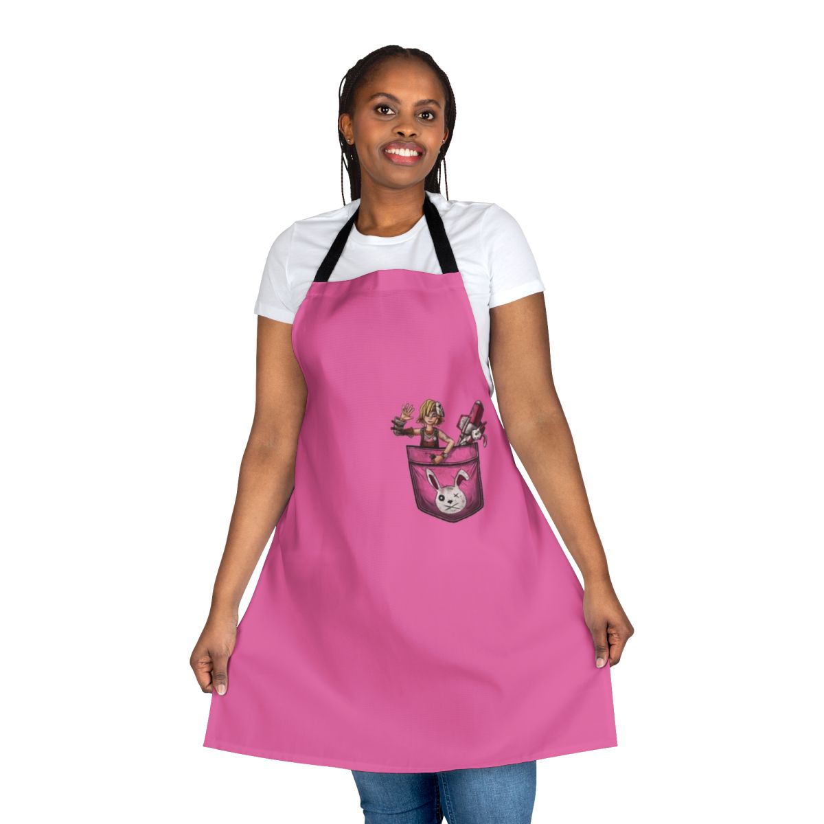 A pocket-sized apron featuring a whimsical Tiny Tina design, perfect for Borderlands fans.