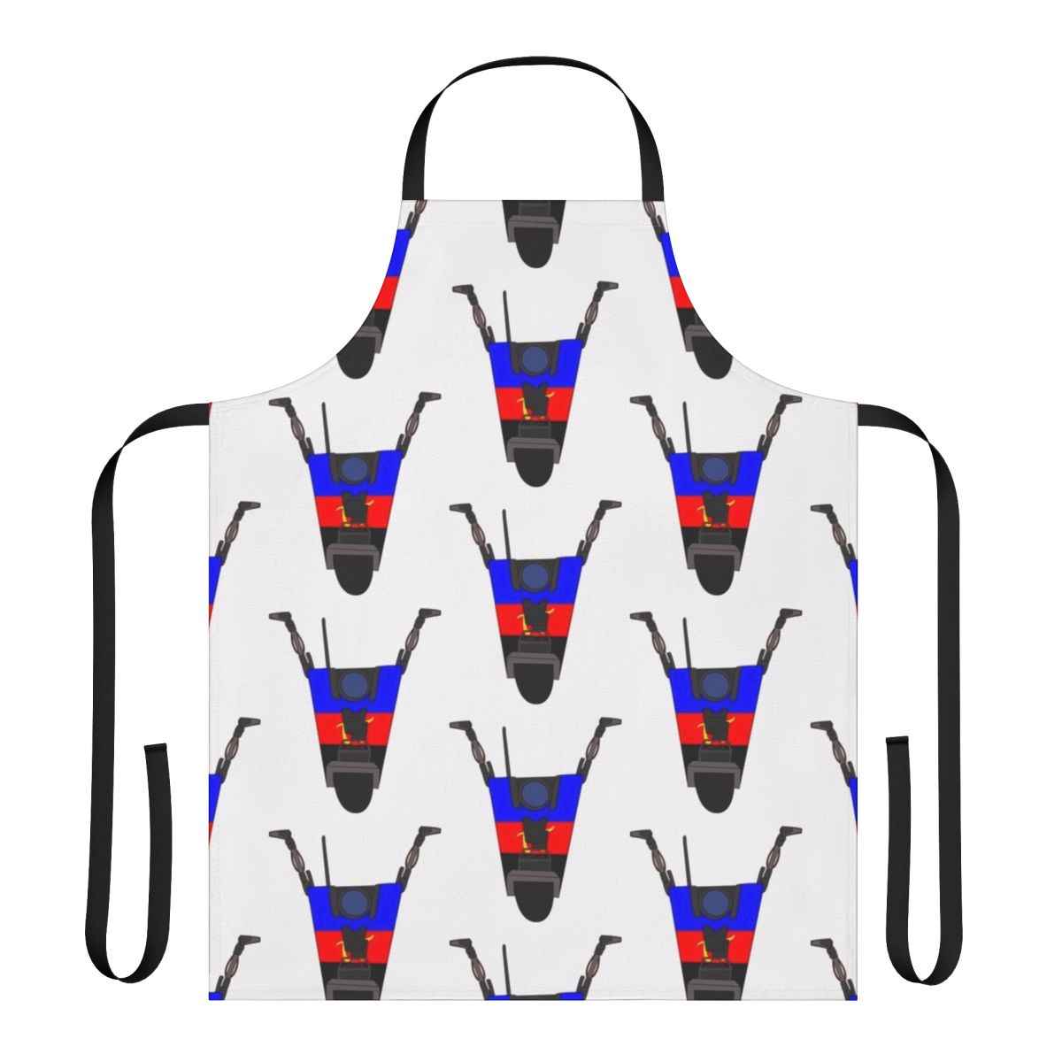 Borderlands-inspired poly pride apron featuring the iconic Claptrap robot character