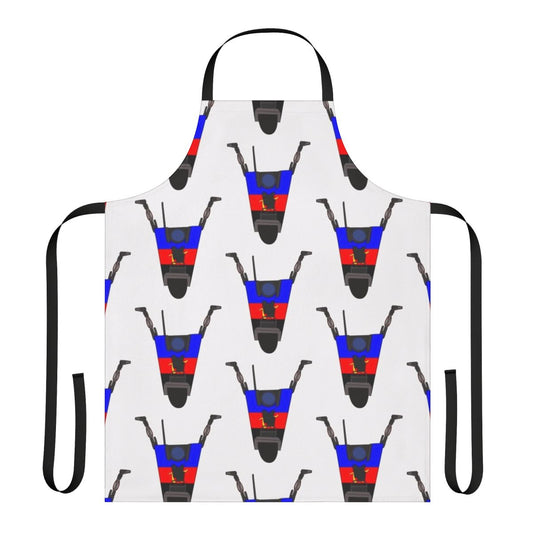 Borderlands-inspired poly pride apron featuring the iconic Claptrap robot character