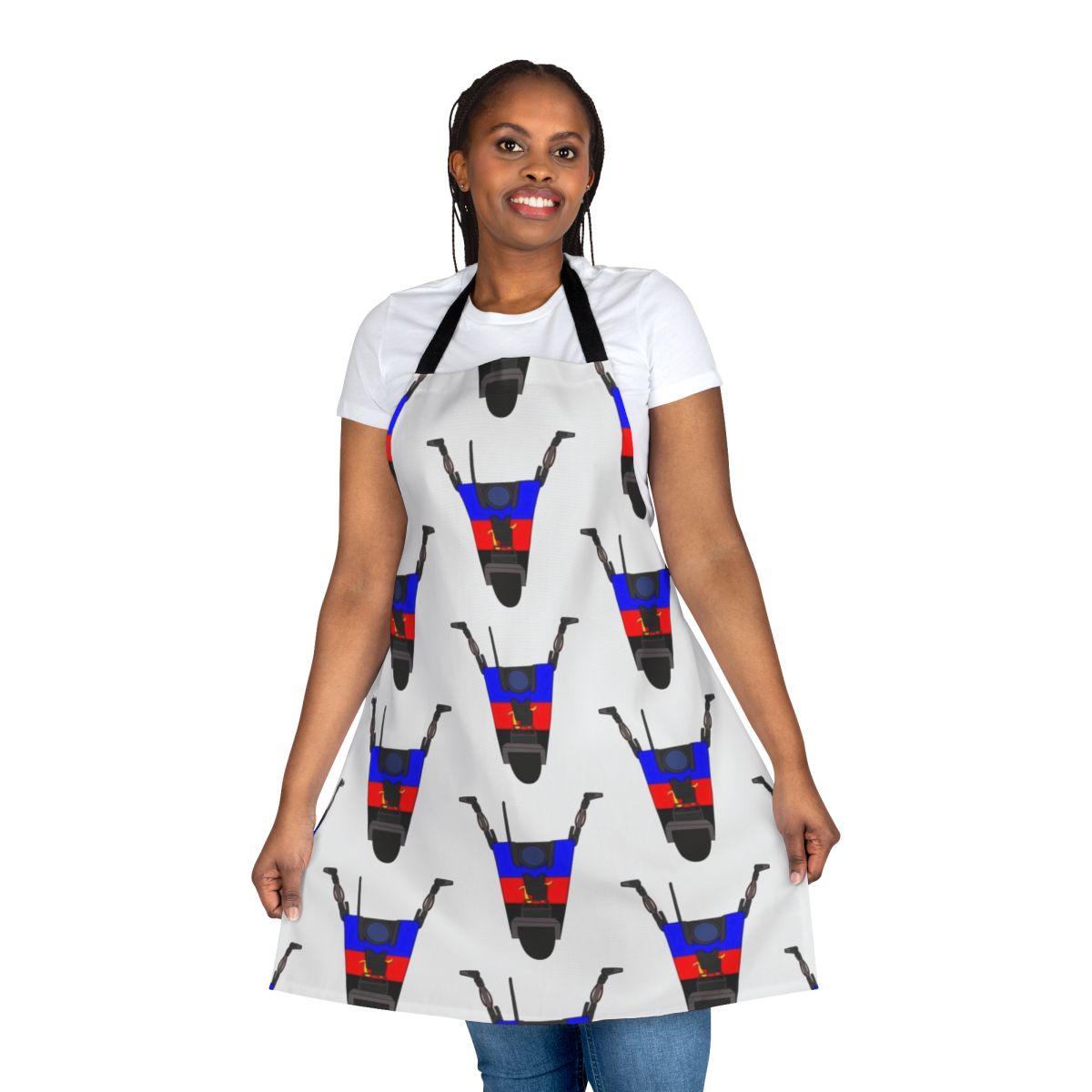 Borderlands-inspired poly pride apron featuring the iconic Claptrap robot character