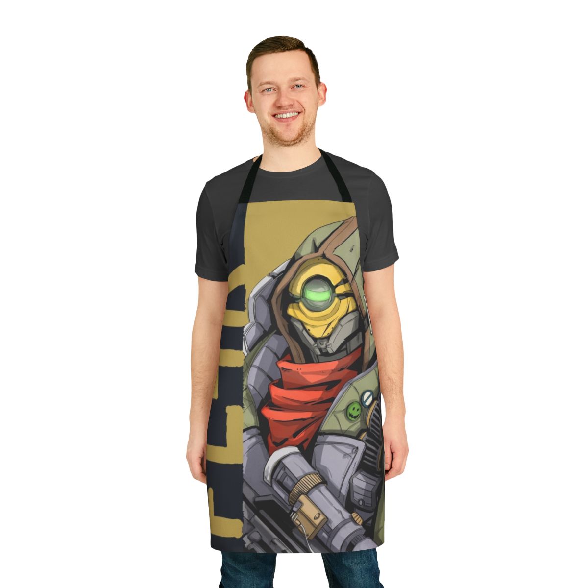 Borderlands-inspired apron featuring the character FL4K, a robot sniper