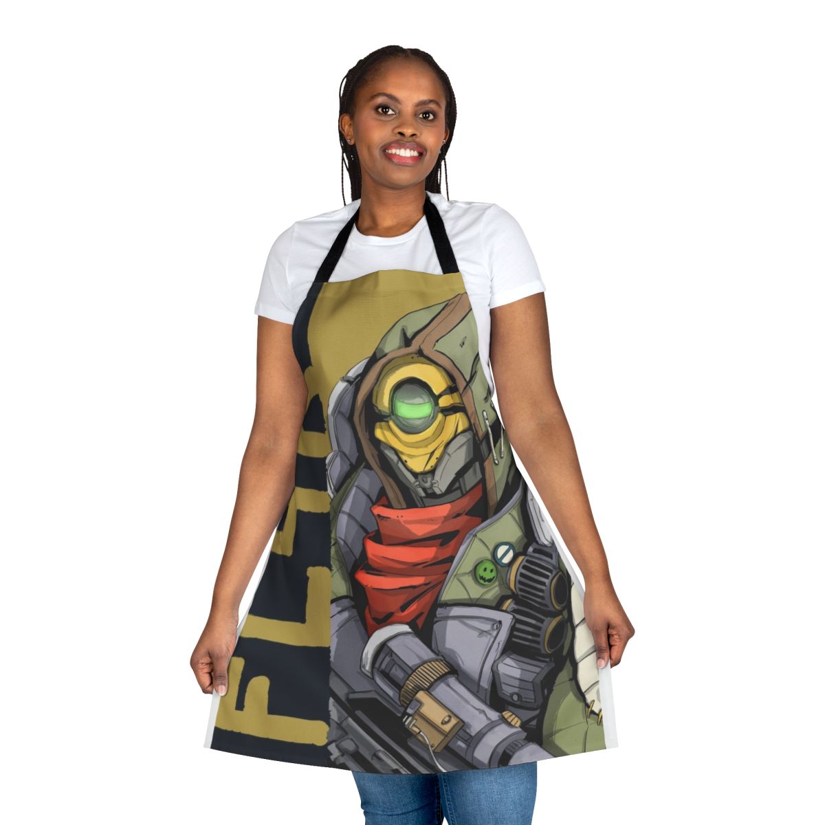 Borderlands-inspired apron featuring the character FL4K, a robot sniper