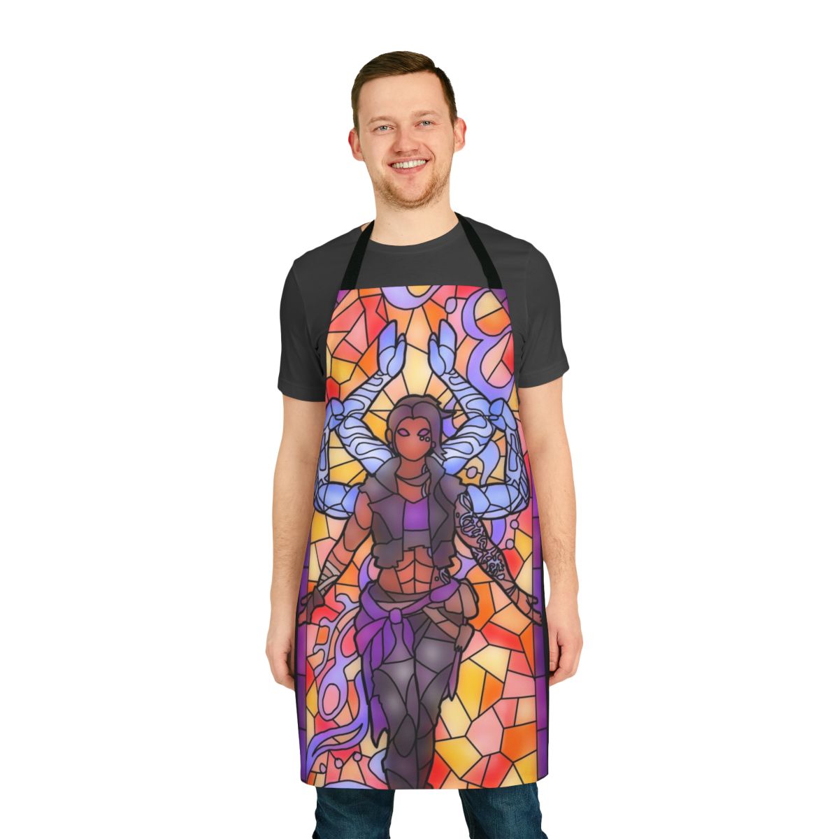 Amara from Borderlands illustrated in a stained glass style apron