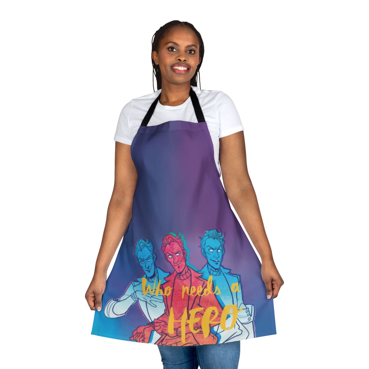 Borderlands-themed apron with a humorous "Who Needs a Hero?" design