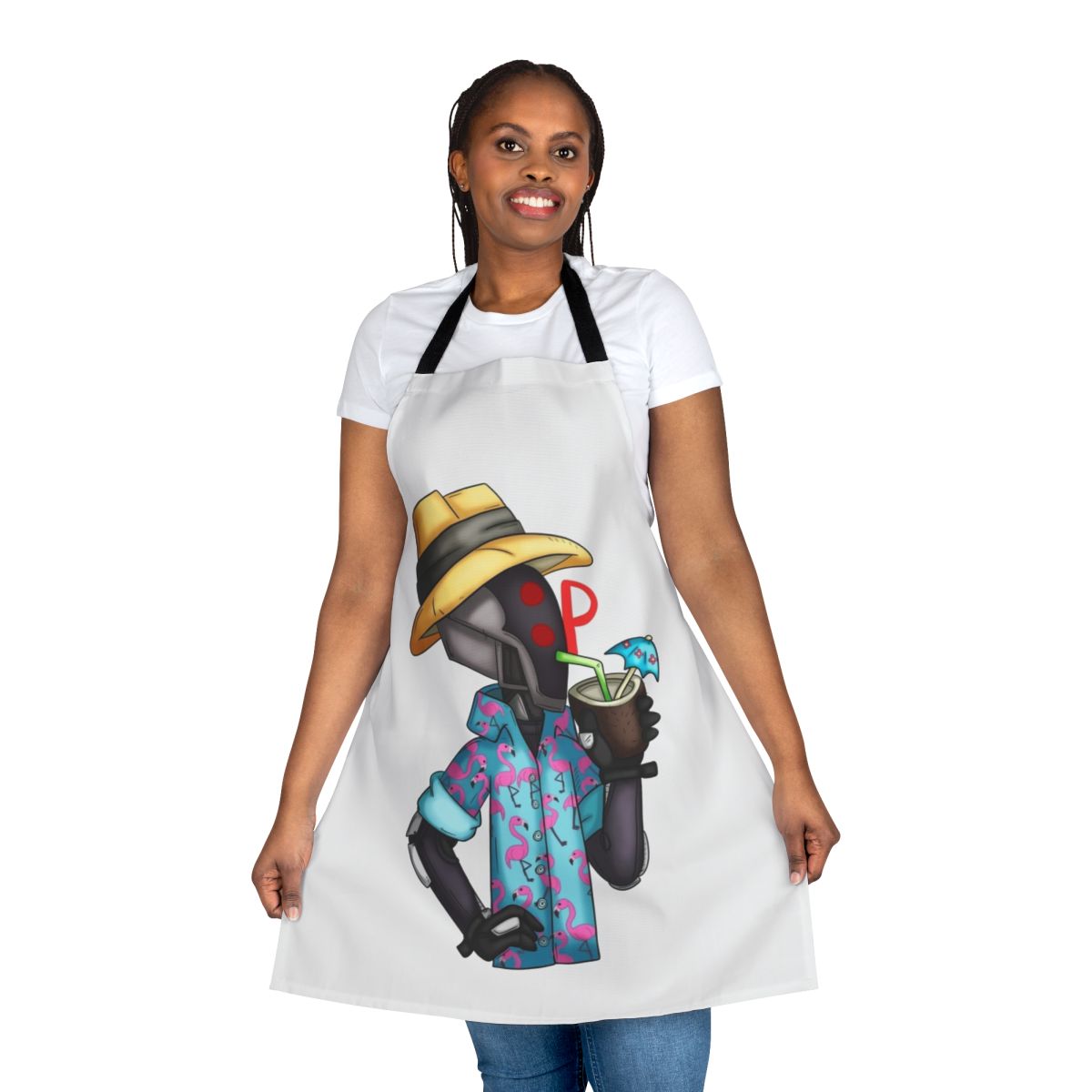 Borderlands-themed apron featuring the character Zer0 in a summer design