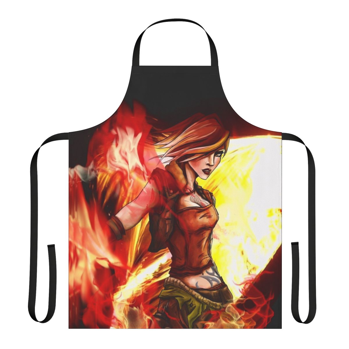 Borderlands-themed apron featuring a fierce, fire-wielding siren character