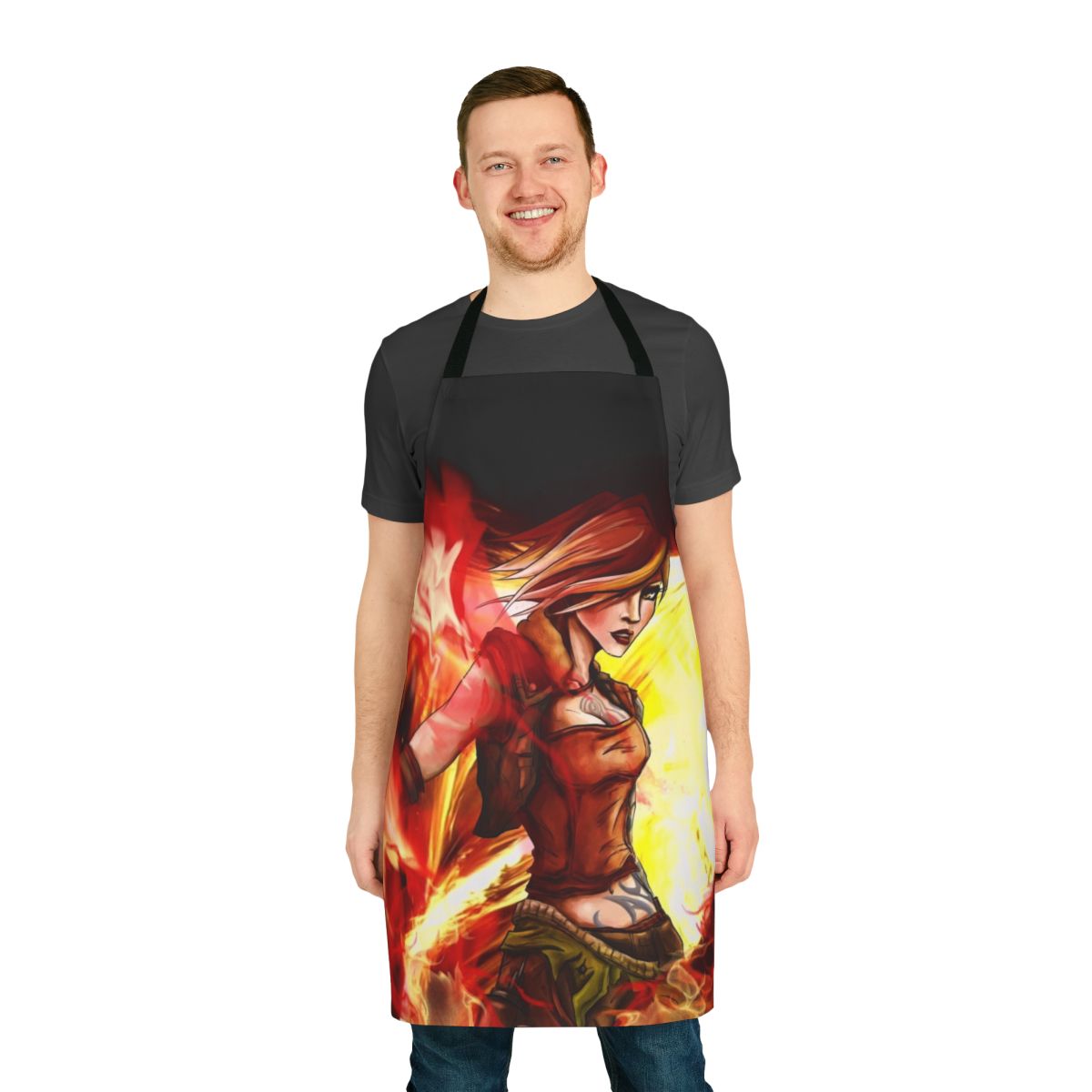 Borderlands-themed apron featuring a fierce, fire-wielding siren character