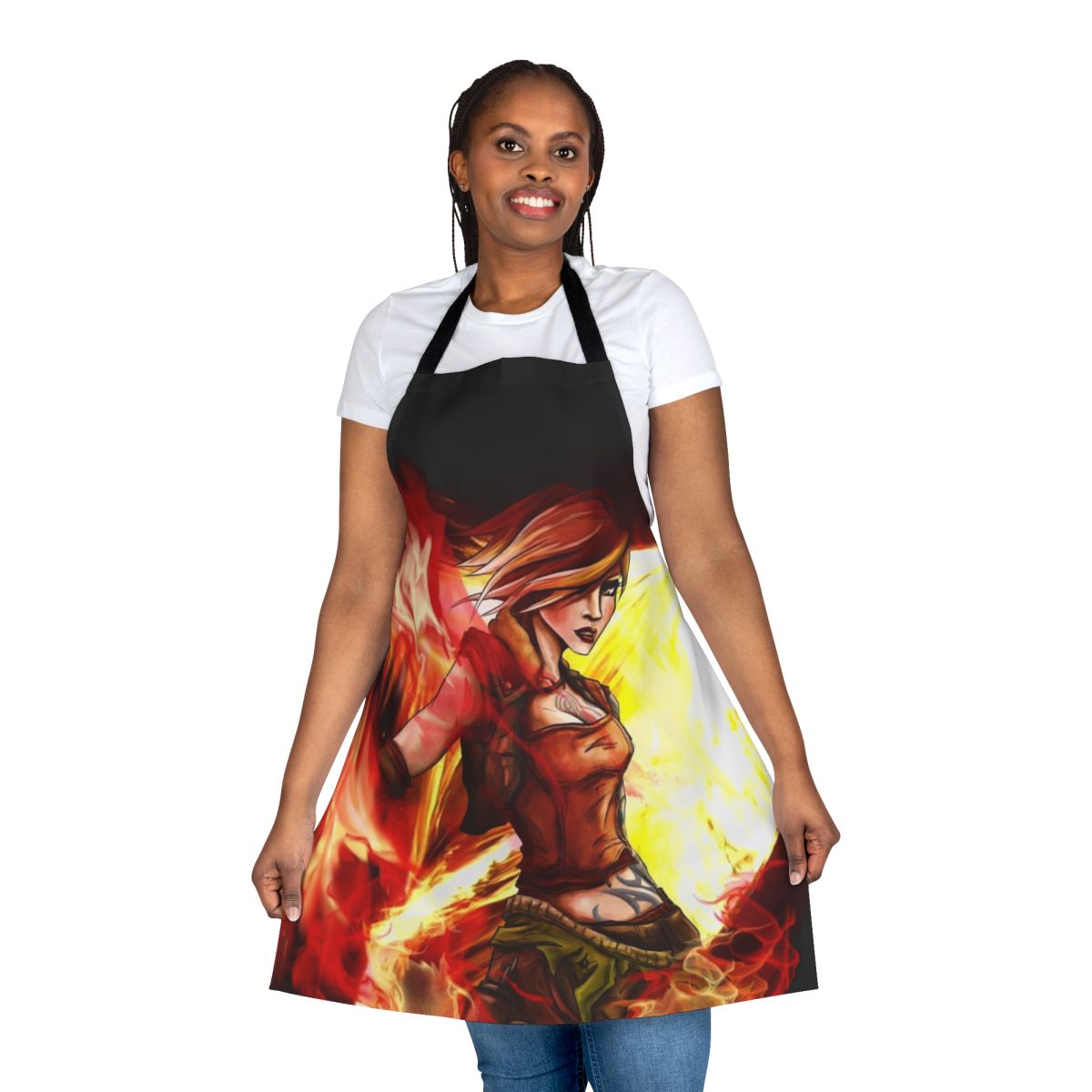 Borderlands-themed apron featuring a fierce, fire-wielding siren character