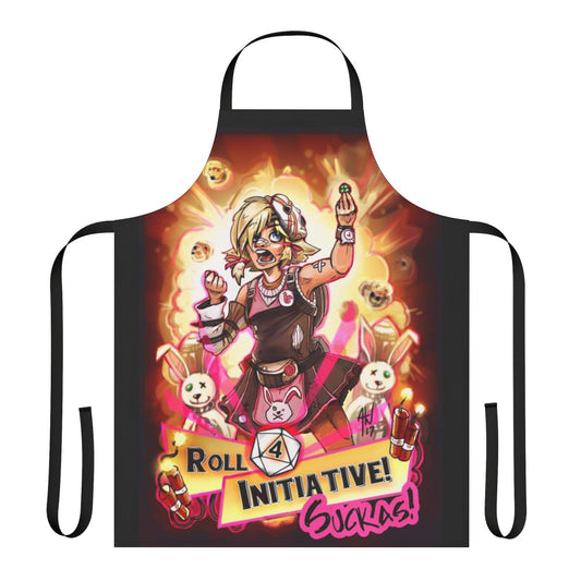 Borderlands-inspired apron featuring Tiny Tina and a dice roll design