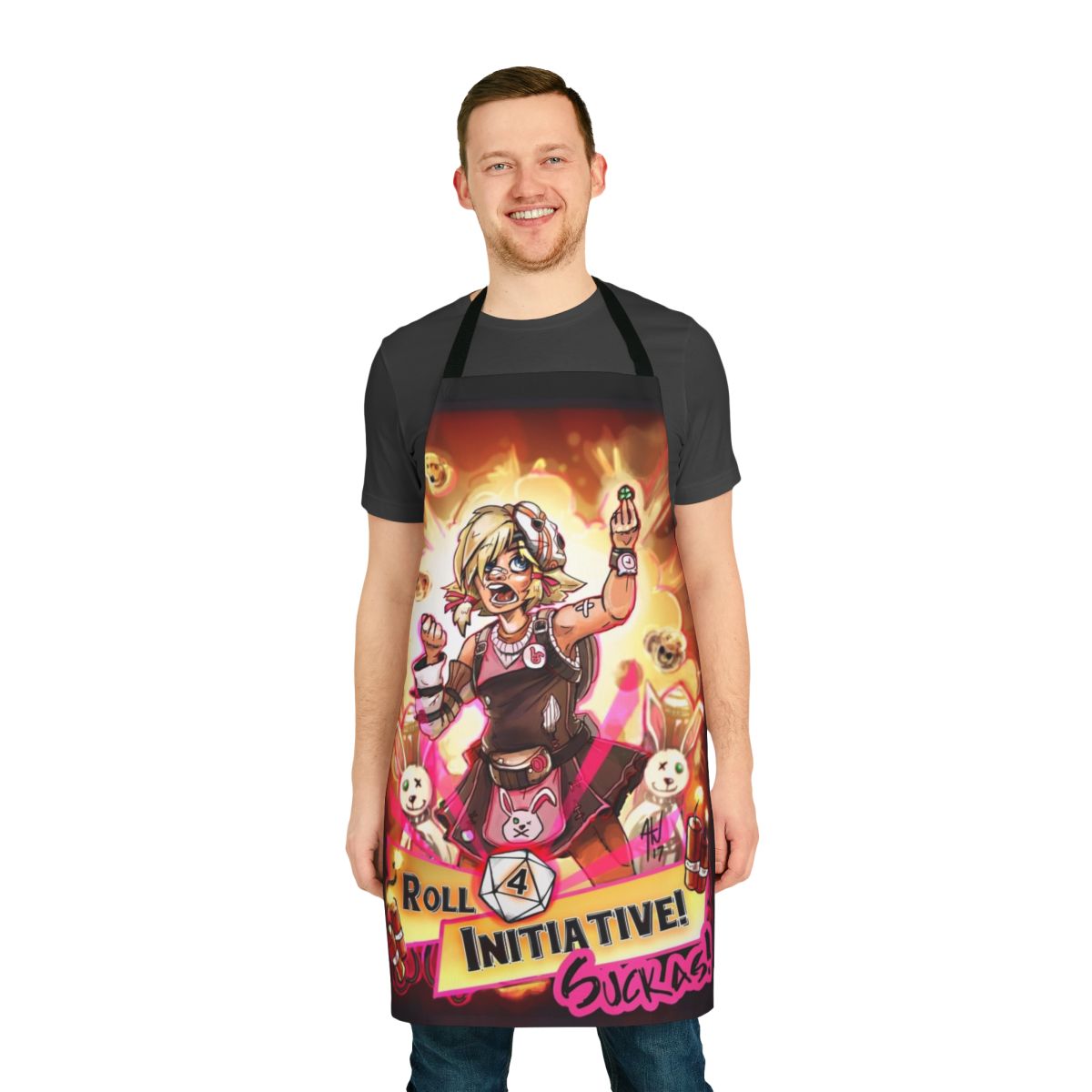 Borderlands-inspired apron featuring Tiny Tina and a dice roll design