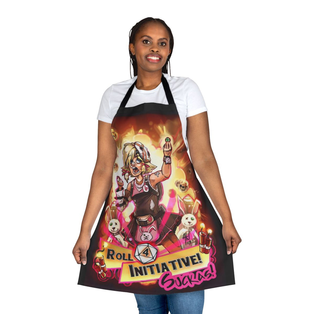 Borderlands-inspired apron featuring Tiny Tina and a dice roll design
