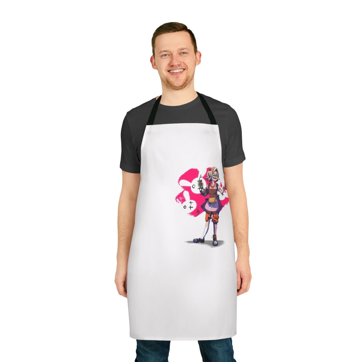 Borderlands Tiny Tina inspired fanart apron in hot pink with explosive bunnies
