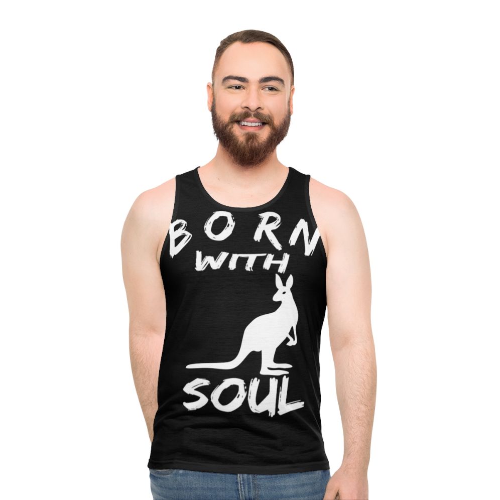 Unisex tank top with "Born With Kangaroo Soul" graphic
