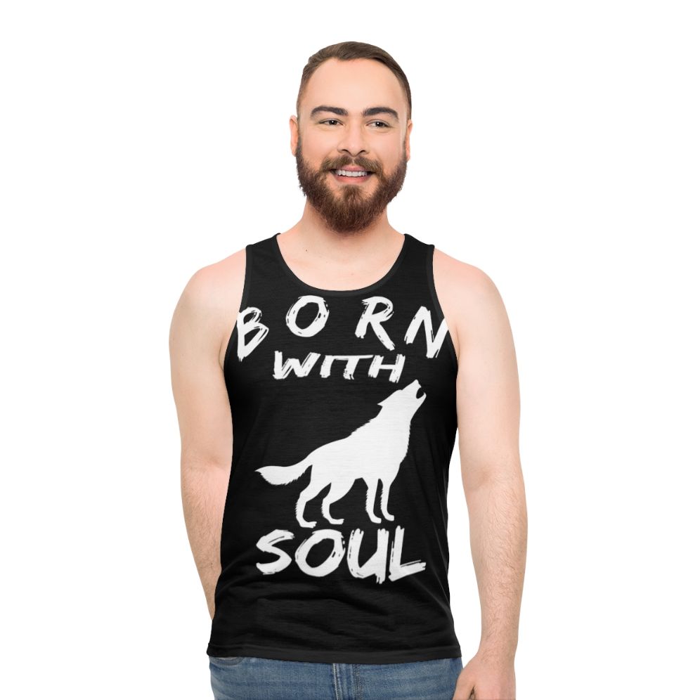 Man wearing Born With Wolf Soul unisex tank top
