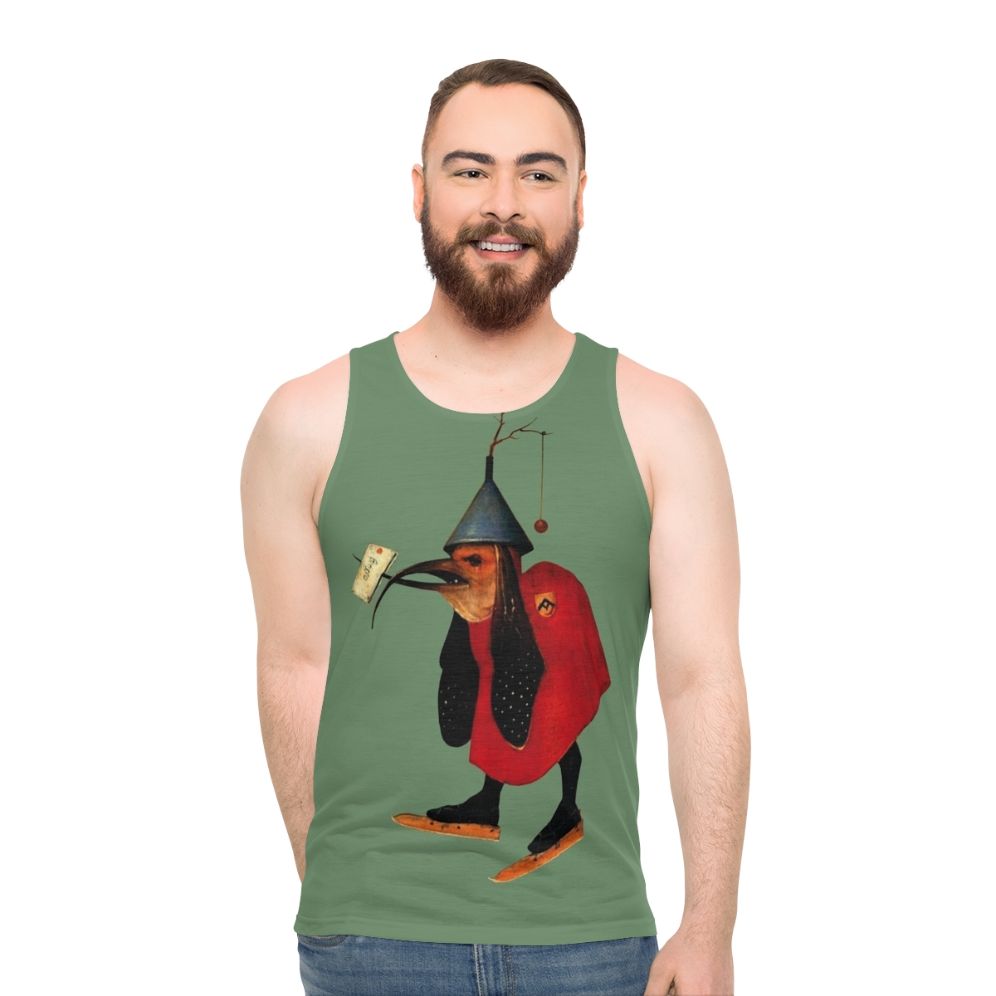Bosch Bird with Letter Unisex Tank Top featuring a vintage Hieronymus Bosch inspired illustration