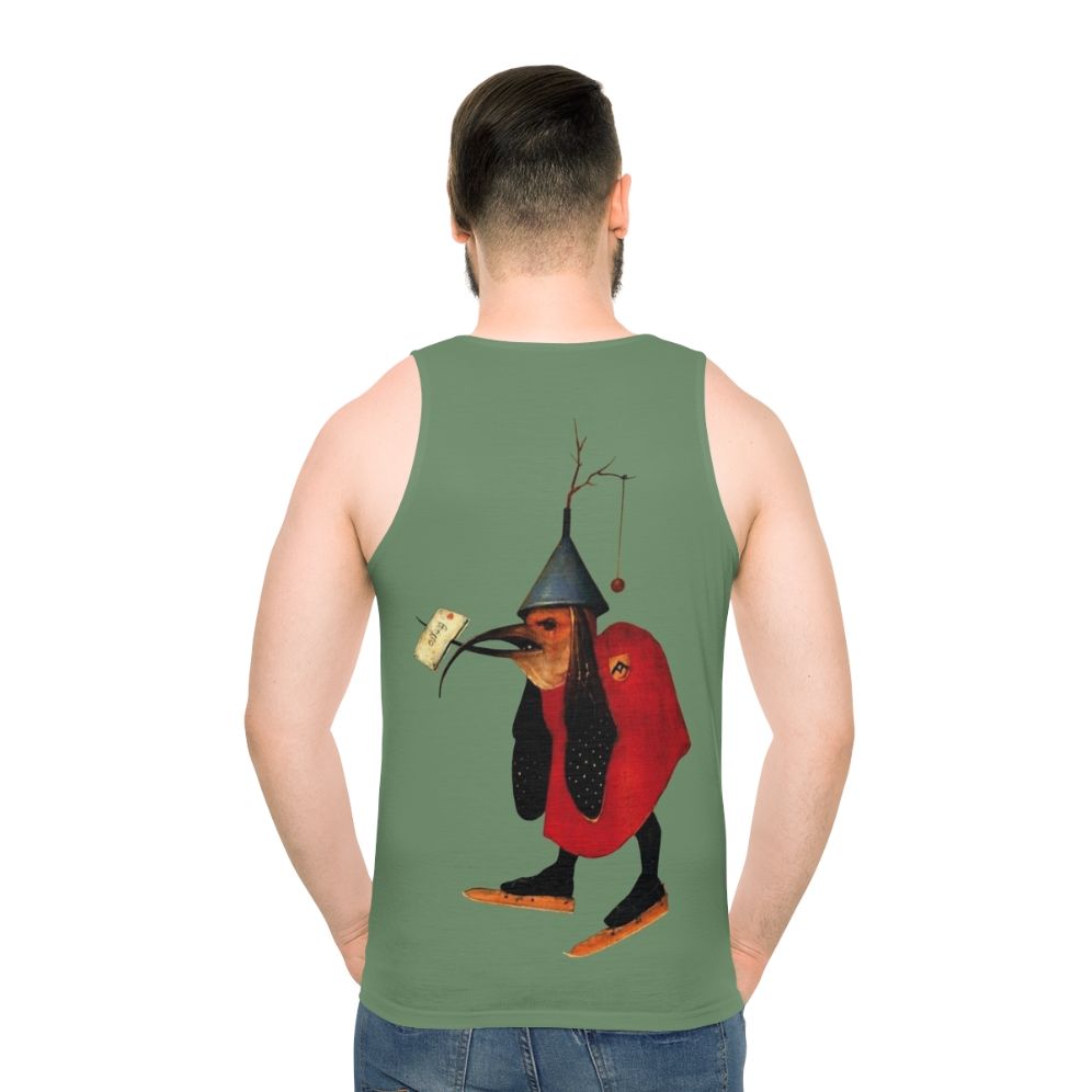 Bosch Bird with Letter Unisex Tank Top featuring a vintage Hieronymus Bosch inspired illustration
