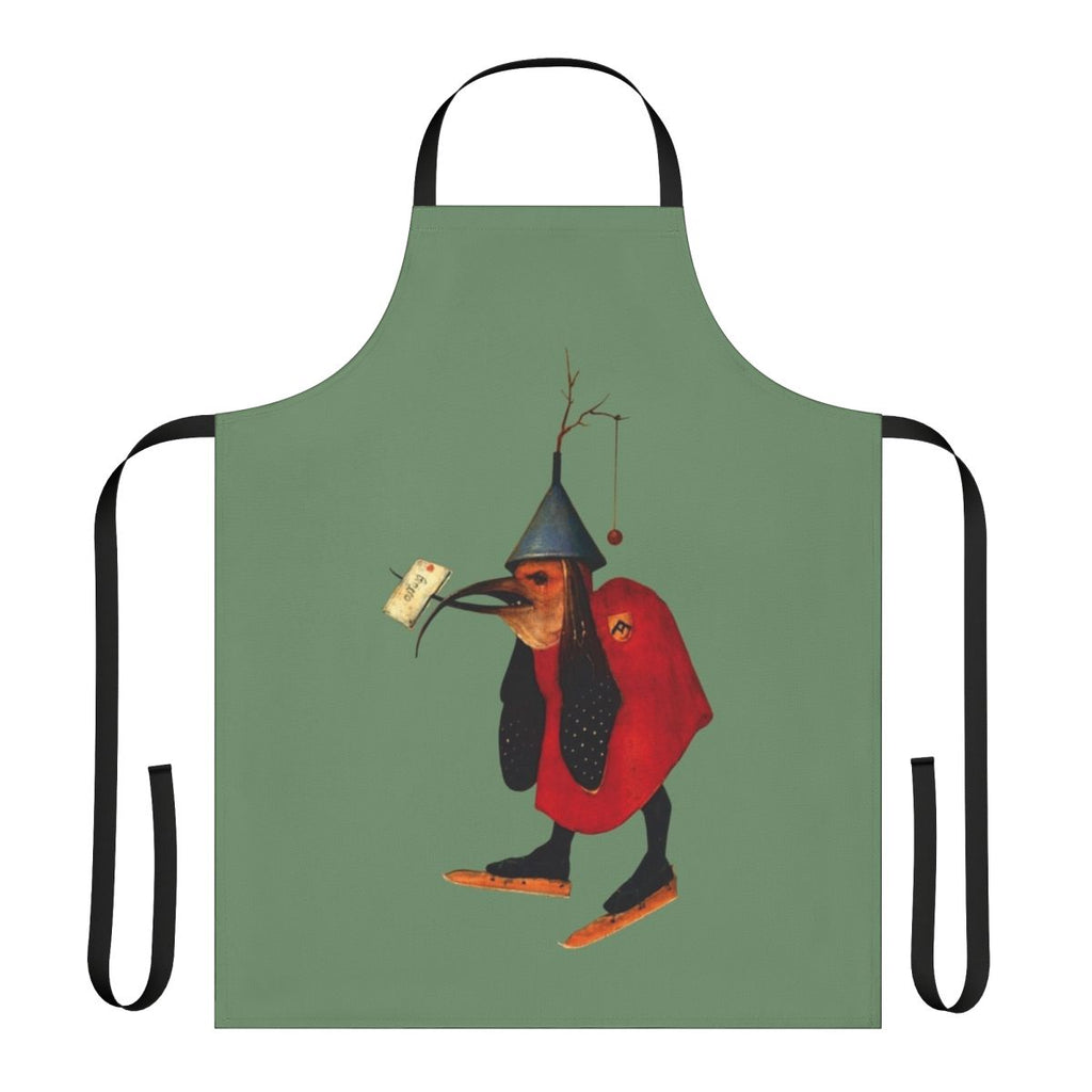 Whimsical apron featuring a medieval-style bird with a letter, inspired by Hieronymus Bosch's artwork.