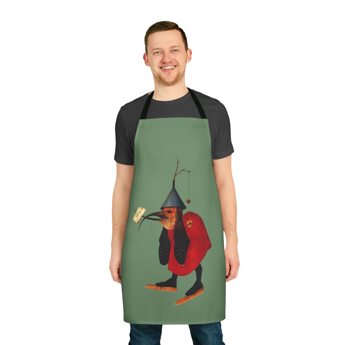 Whimsical apron featuring a medieval-style bird with a letter, inspired by Hieronymus Bosch's artwork.