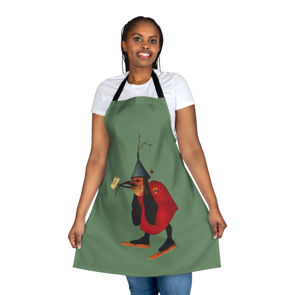Whimsical apron featuring a medieval-style bird with a letter, inspired by Hieronymus Bosch's artwork.