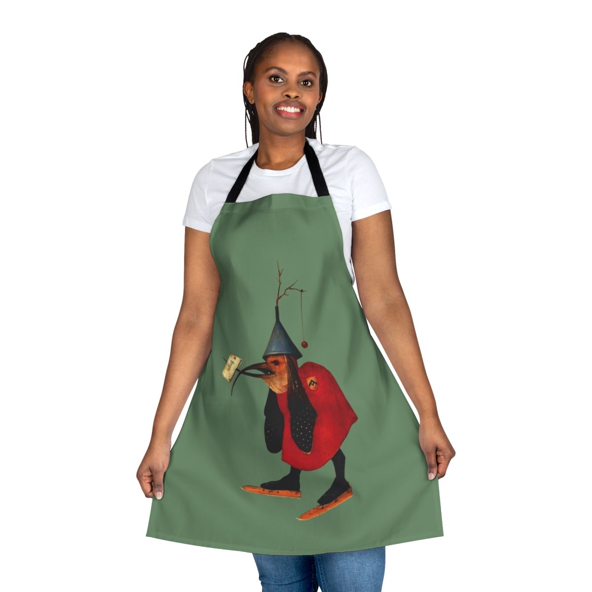 Whimsical apron featuring a medieval-style bird with a letter, inspired by Hieronymus Bosch's artwork.