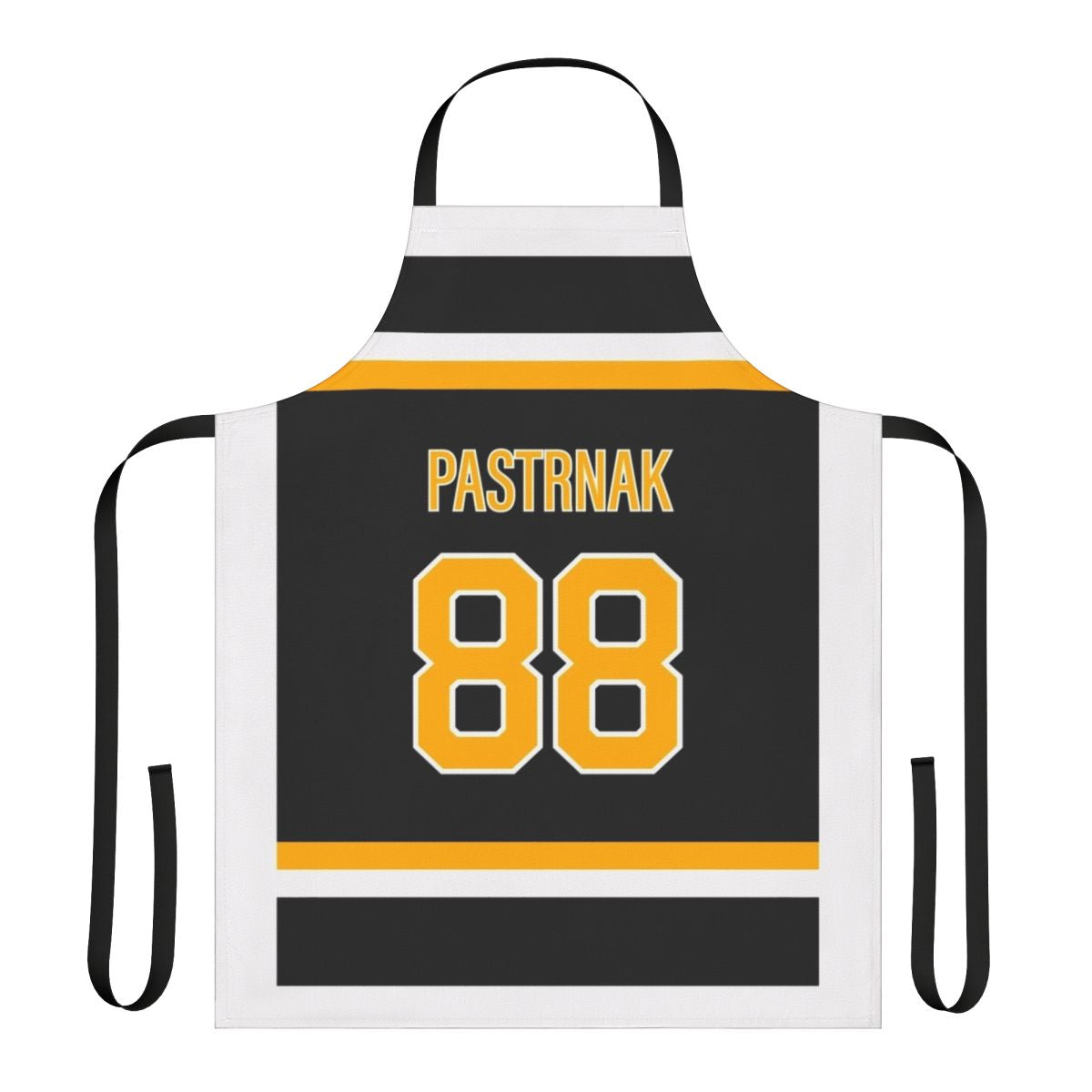 Cooking apron featuring the jersey design of Boston Bruins hockey player David Pastrnak
