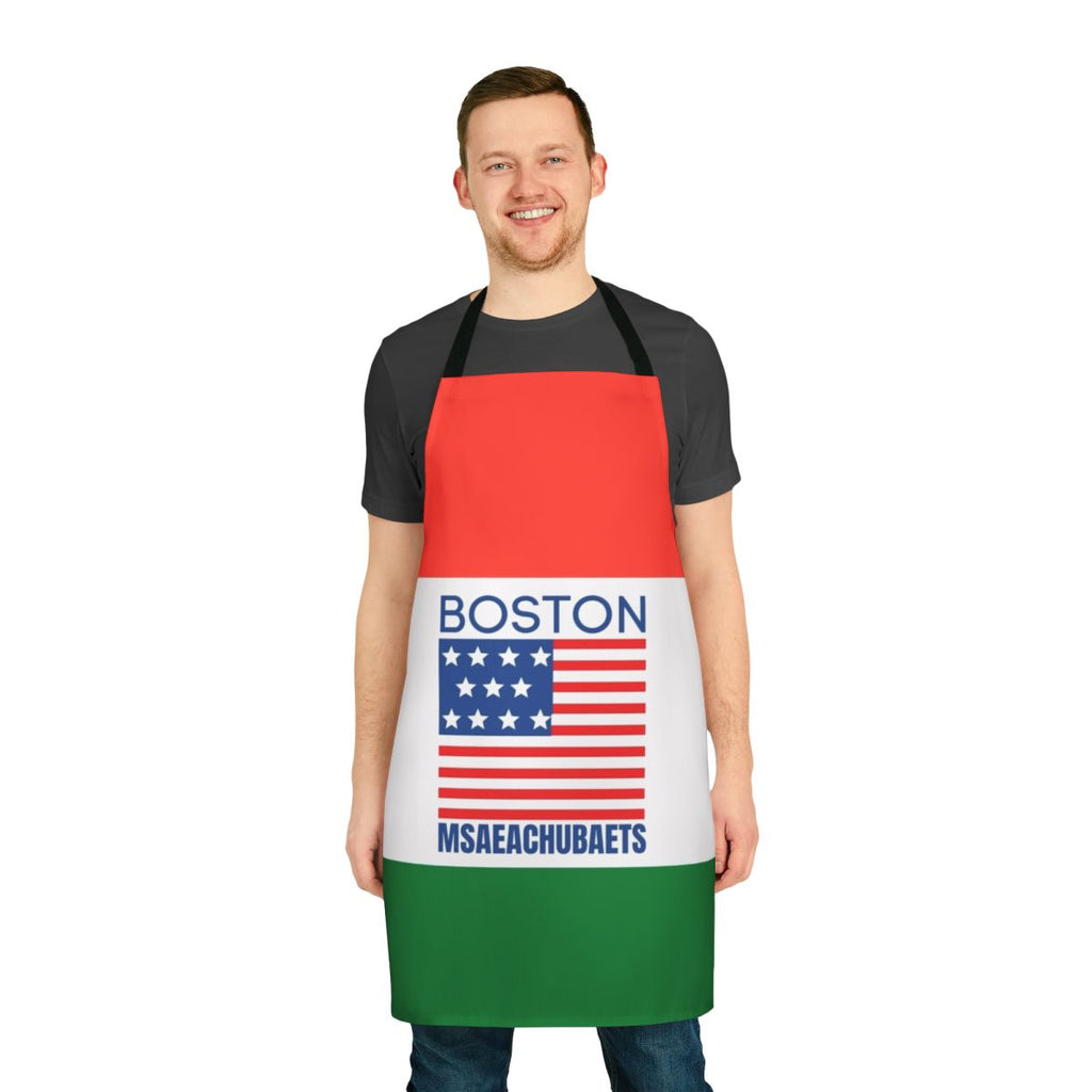 Boston-inspired custom apron with a humorous "Msaeachubaets" meme design