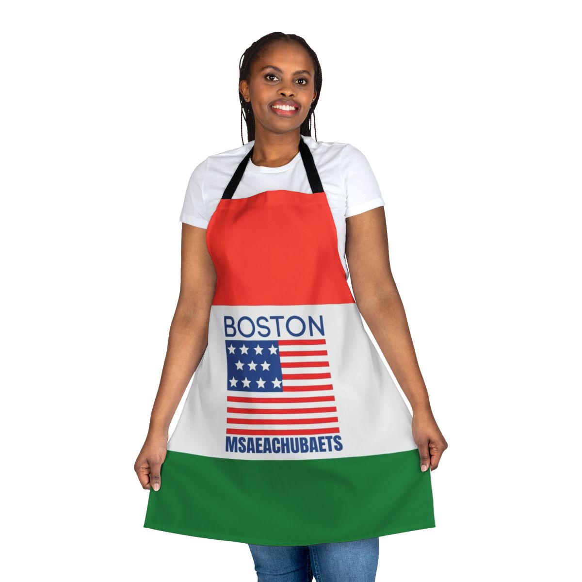 Boston-inspired custom apron with a humorous "Msaeachubaets" meme design