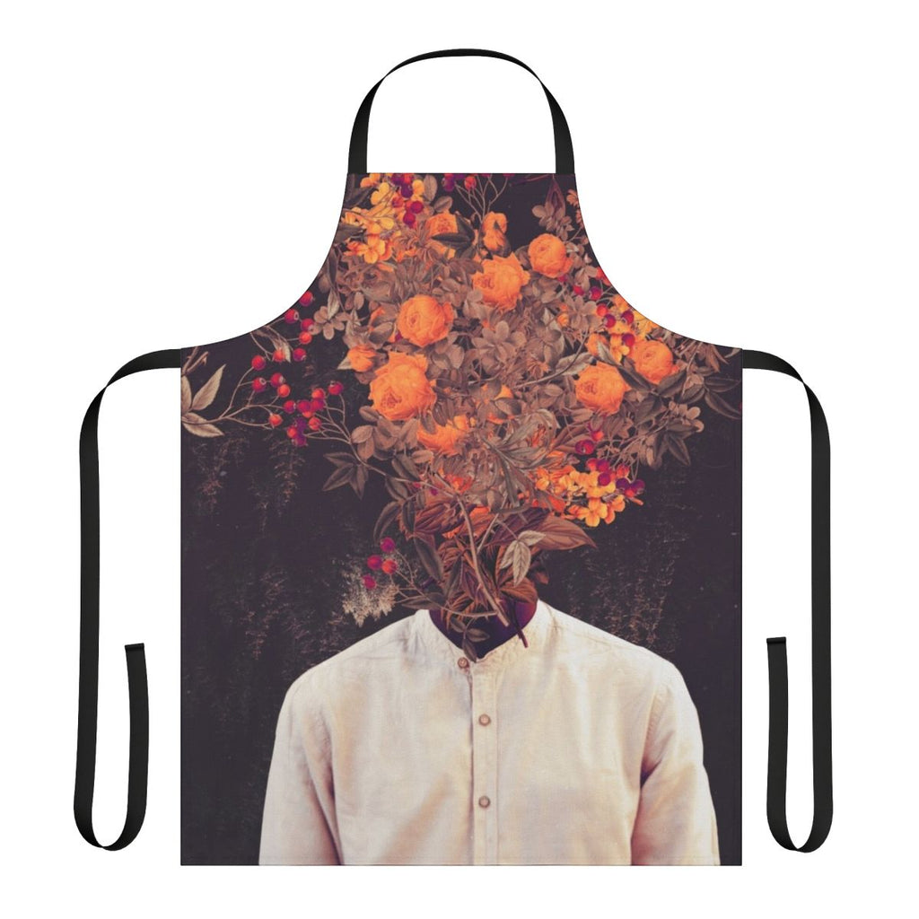 Vintage-inspired botanical floral apron featuring a collage-style design with flowers, leaves, and a stylized human head.