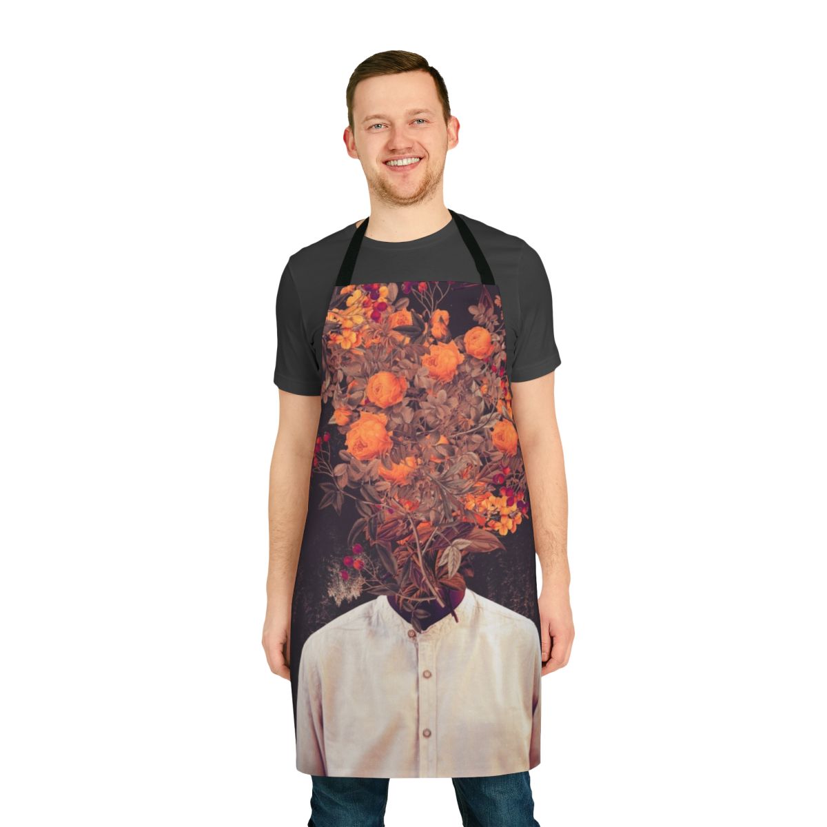 Vintage-inspired botanical floral apron featuring a collage-style design with flowers, leaves, and a stylized human head.