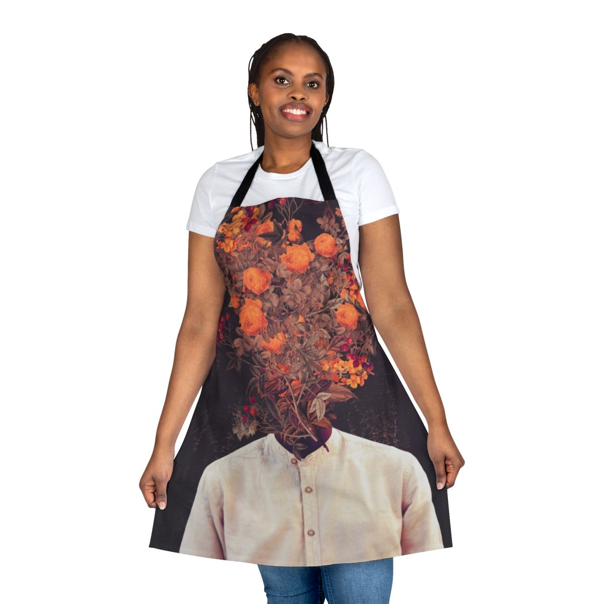 Vintage-inspired botanical floral apron featuring a collage-style design with flowers, leaves, and a stylized human head.