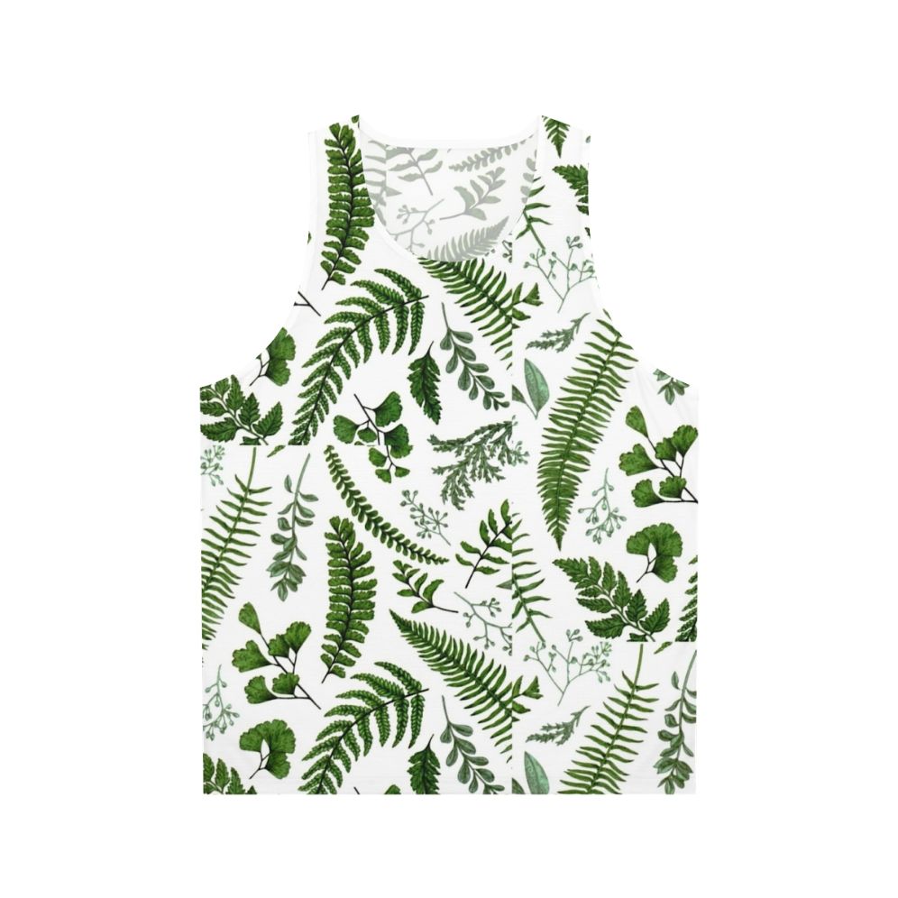 Unisex tank top with botanical print of ferns and leaves