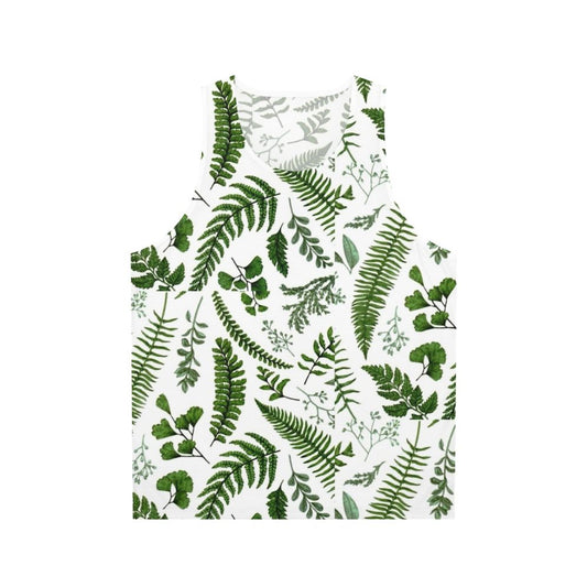 Unisex tank top with botanical print of ferns and leaves