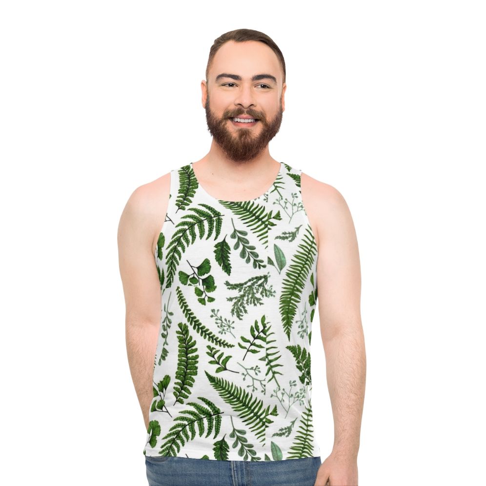 Unisex tank top with botanical print of ferns and leaves