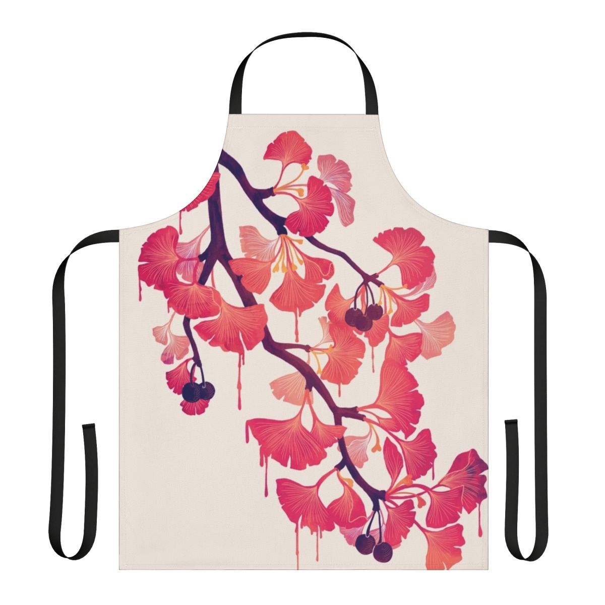A beautiful apron featuring a surreal watercolor design of ginkgo leaves and flowers in shades of pink and purple.