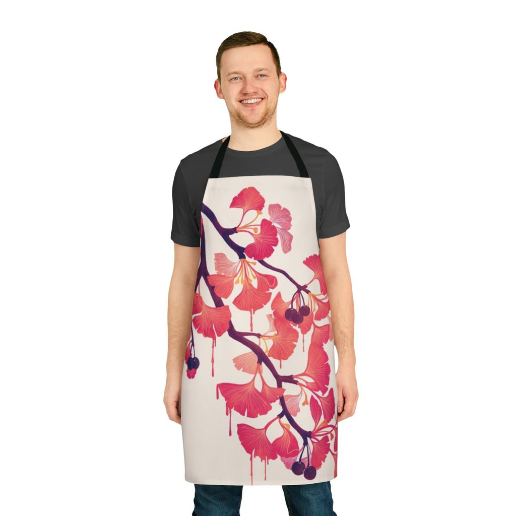 A beautiful apron featuring a surreal watercolor design of ginkgo leaves and flowers in shades of pink and purple.