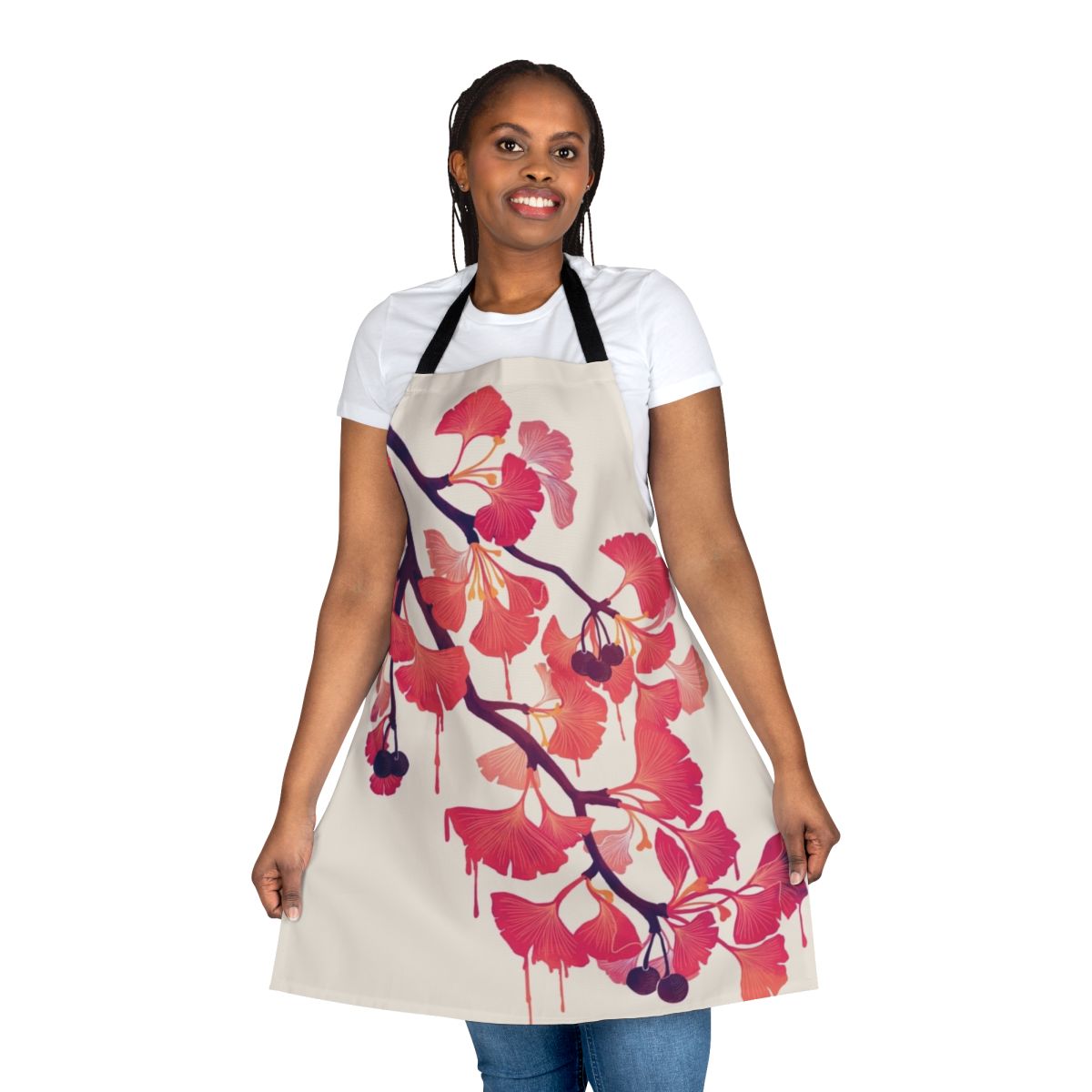 A beautiful apron featuring a surreal watercolor design of ginkgo leaves and flowers in shades of pink and purple.