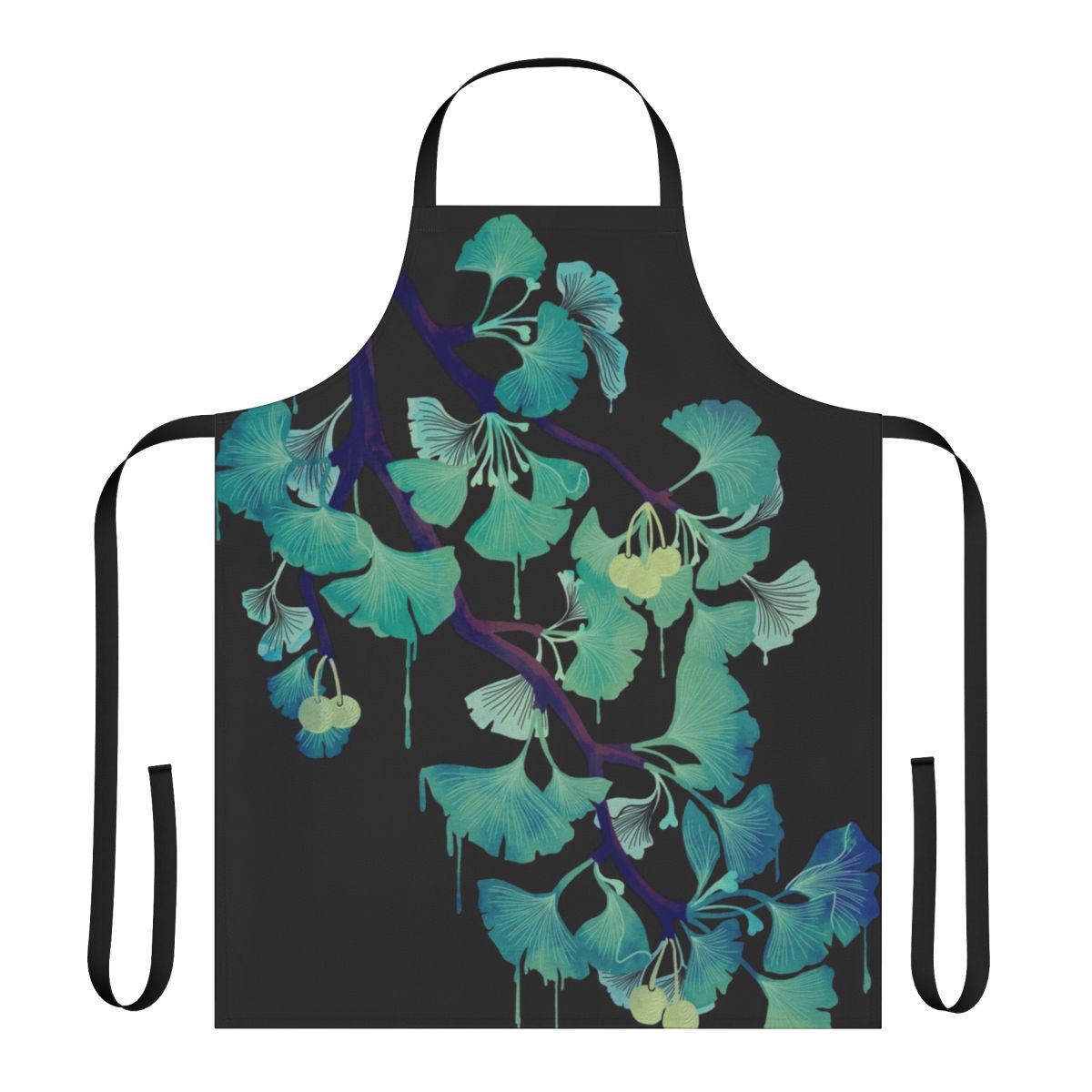 Ginkgo leaf pattern apron in black and green watercolor design