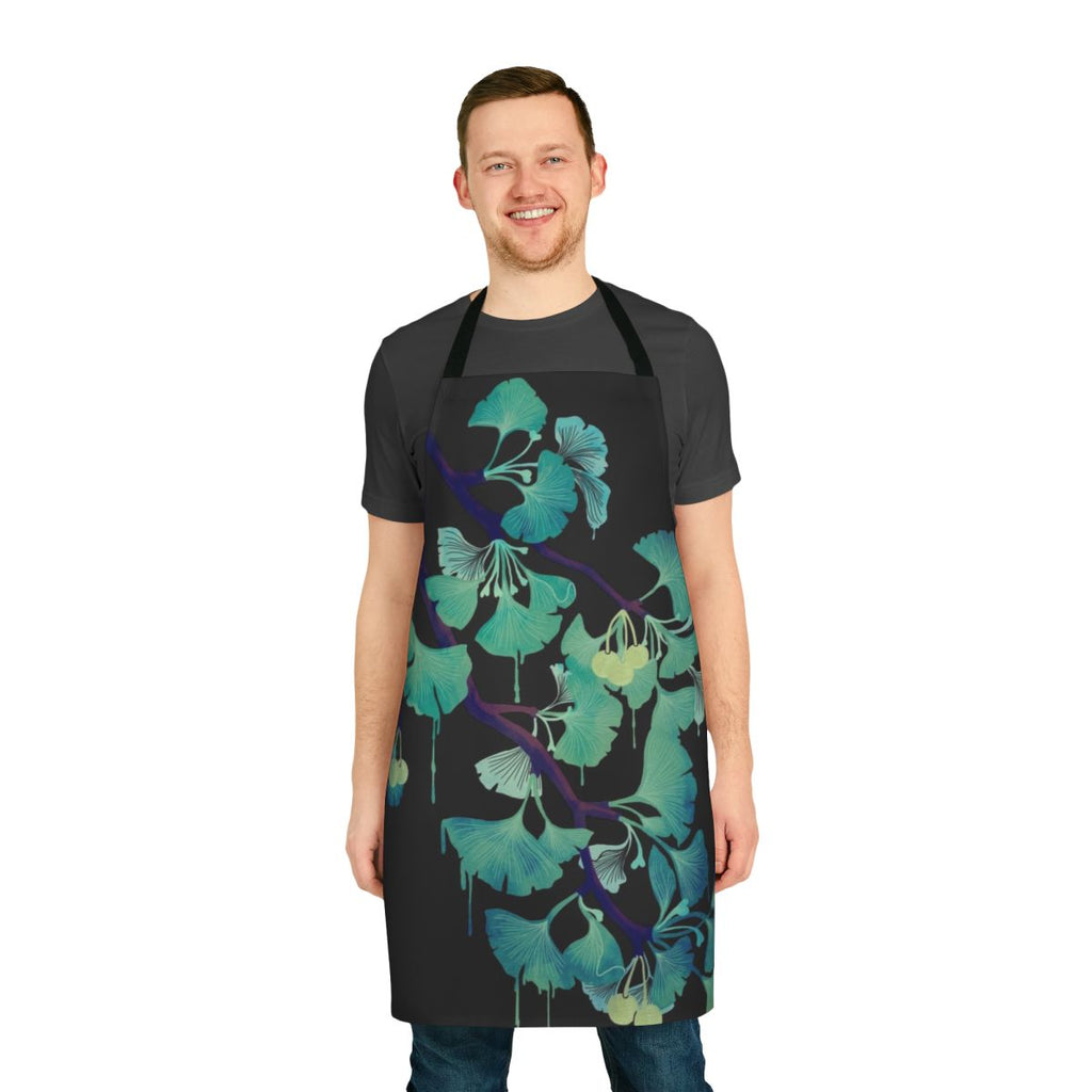 Ginkgo leaf pattern apron in black and green watercolor design