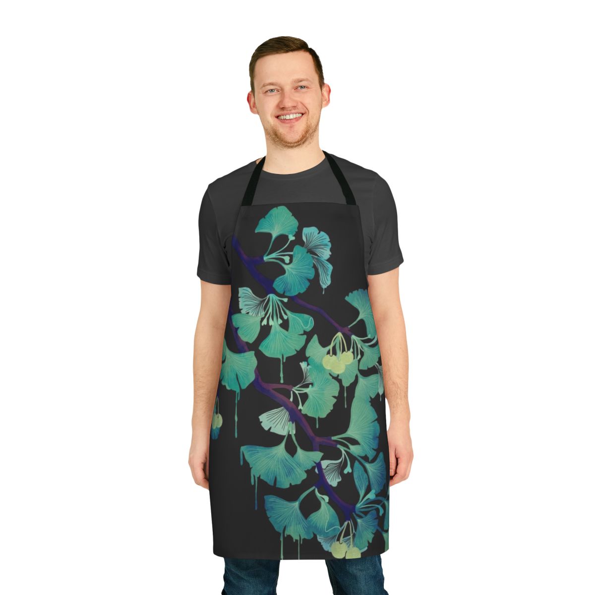 Ginkgo leaf pattern apron in black and green watercolor design