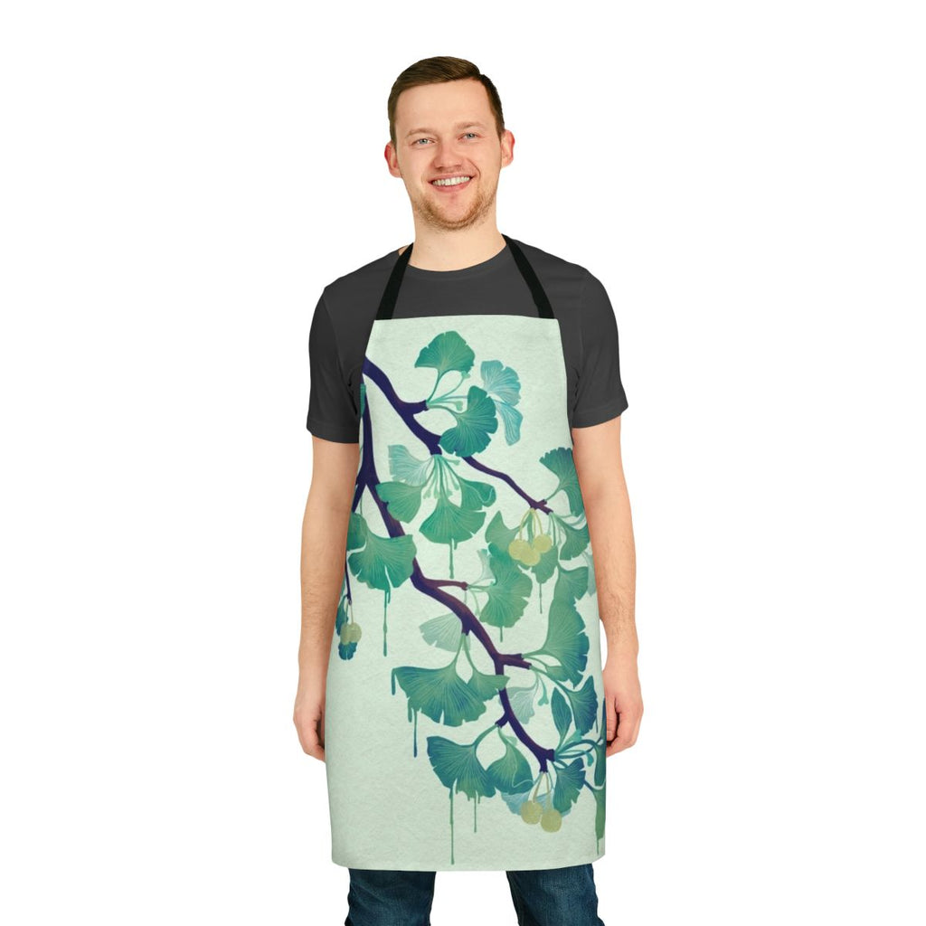 Ginkgo leaf-patterned green apron with a surreal, organic design
