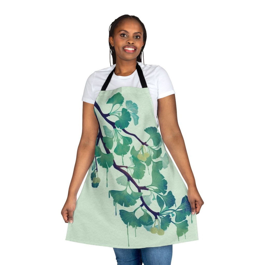 Ginkgo leaf-patterned green apron with a surreal, organic design