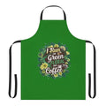 Vibrant green floral apron with botanical elements and coffee references