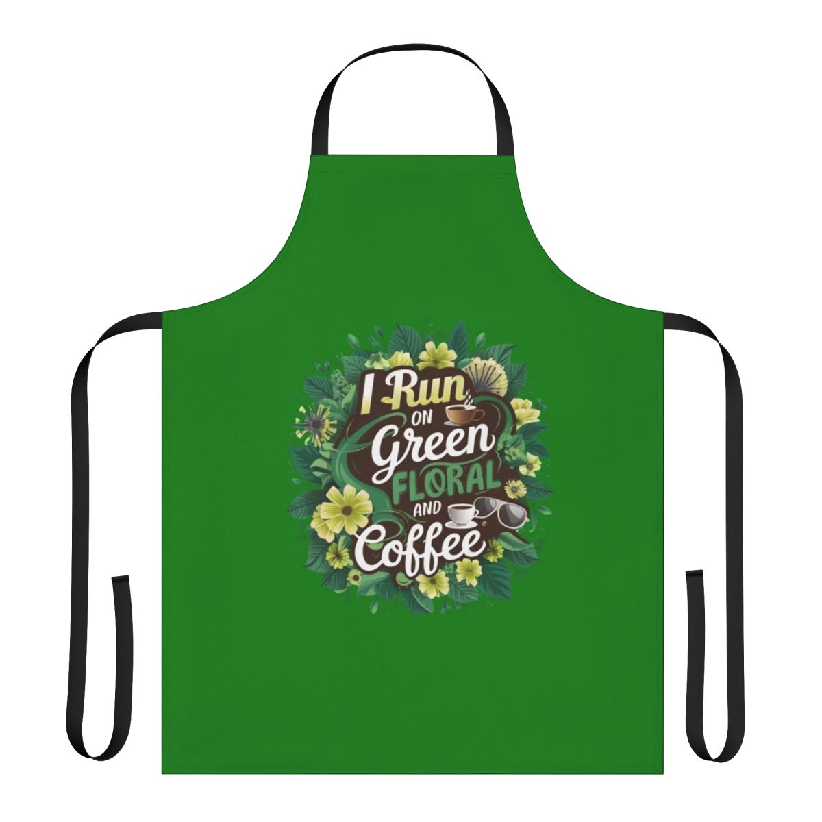 Vibrant green floral apron with botanical elements and coffee references