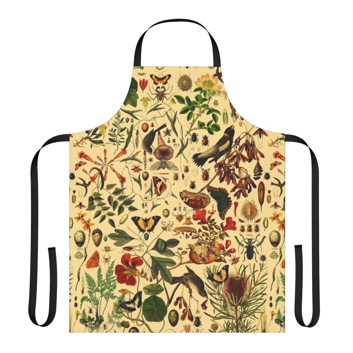 Apron featuring a beautiful botanical pattern with flowers, plants, and insects