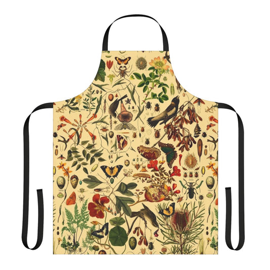 Apron featuring a beautiful botanical pattern with flowers, plants, and insects