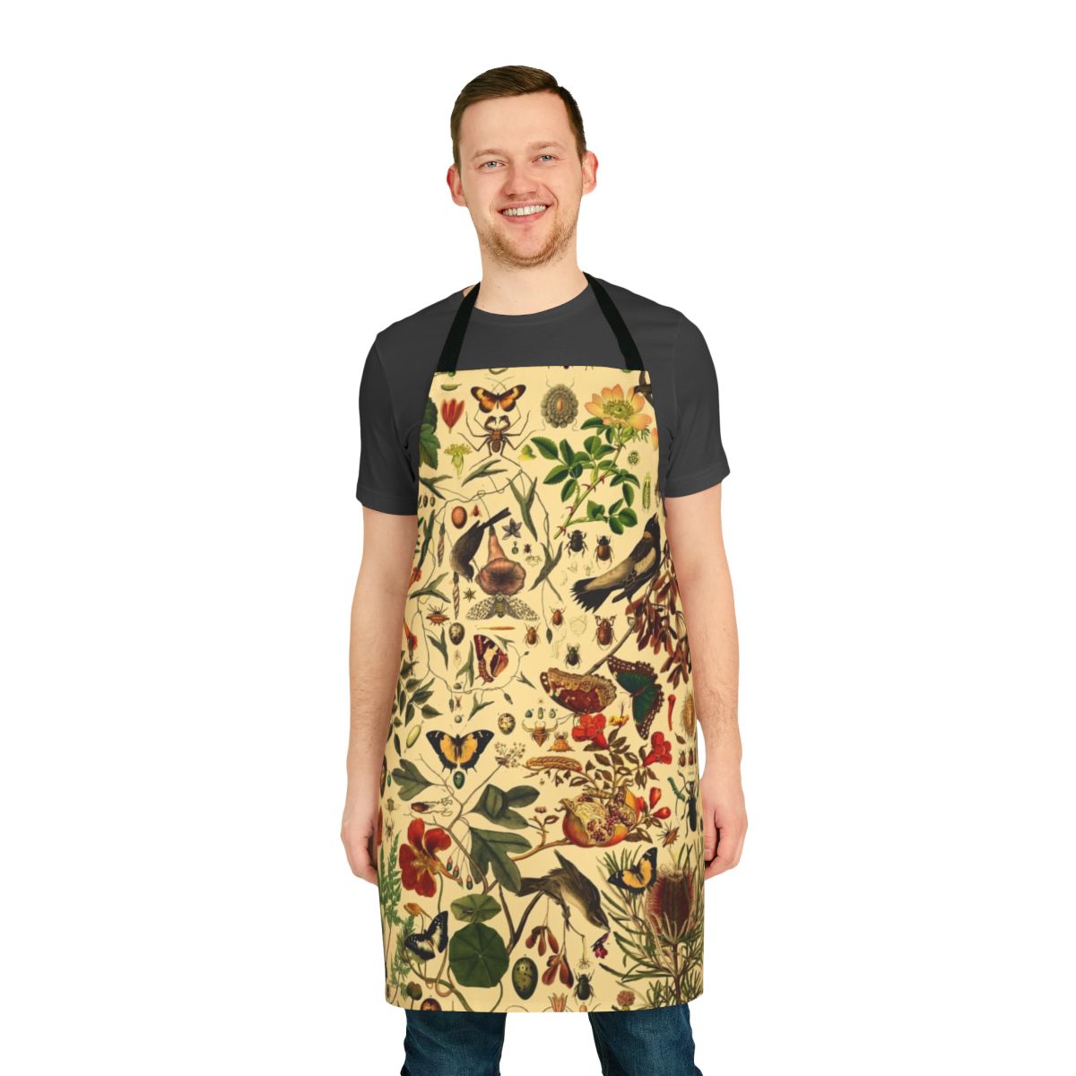 Apron featuring a beautiful botanical pattern with flowers, plants, and insects